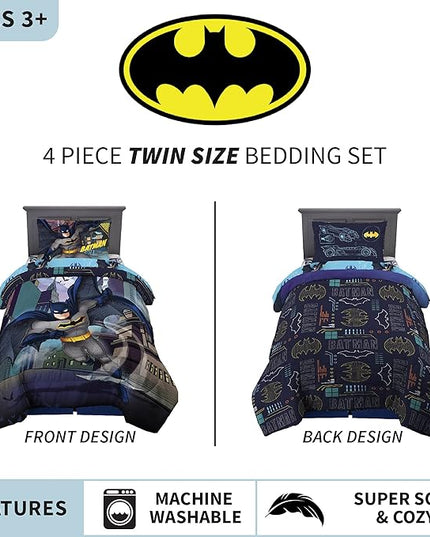 Franco Kids Bedding Super Soft Comforter and Sheet Set, 4 Piece Twin Size, Batman - LeafyLoom