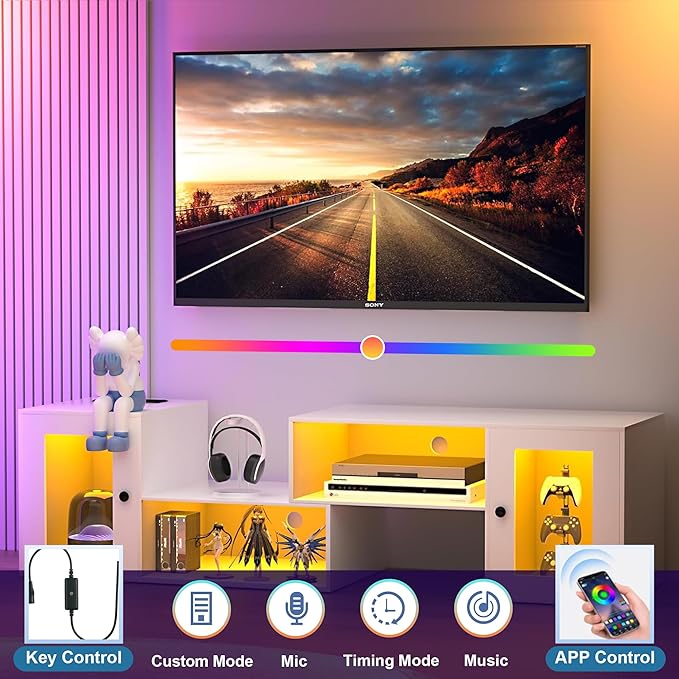 VECELO LED TV Stand for Televisions up to 70 Inchs Modern Entertainment Center with Storage Media Console with 23 Flashing Options and 4 Customizable Modes for Living Room, Bedroom, White - LeafyLoom