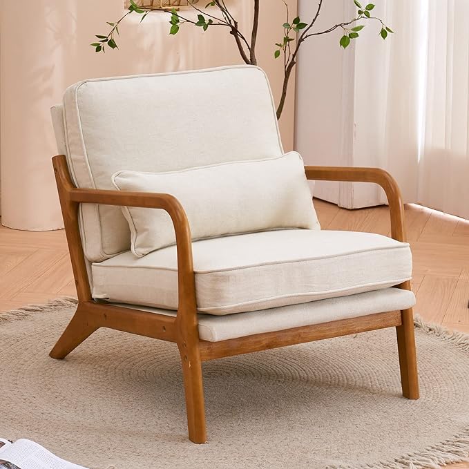 Bonnlo Beige Accent Chairs Set of 2, Upholstered Mid Century Modern Lounge Fabric Chairs Reading Chairs Side Sitting Chair Solid Wood Farmhouse Armchairs for Living Room, Bedroom, Guest Room - LeafyLoom