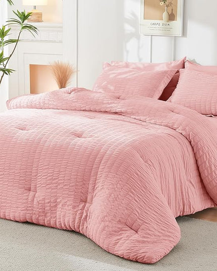 HYMOKEGE Seersucker Twin Comforter Set 3 Pieces, Lightweight Comforter Sets for Bedding, Bed Set with 1 All Season Soft Down Alternative Comforter and 2 Pillow Shams, Pink - LeafyLoom