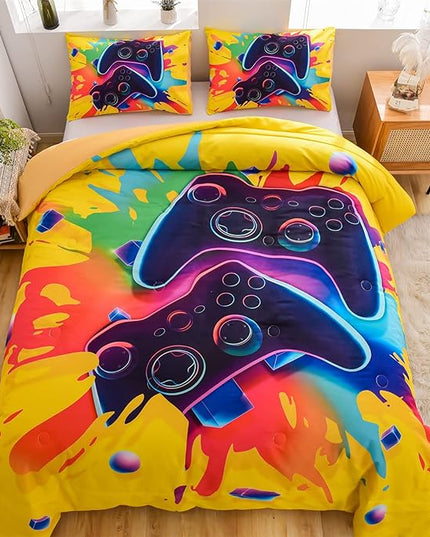 Aimuan Gamer Gaming Bedding Sets 3D Gamepad Comforter Sets for Boys Games Console Action Buttons Novelty Colorful Game Controller Modern Room Decor Home Quilt Set (Queen, Yellow) - LeafyLoom