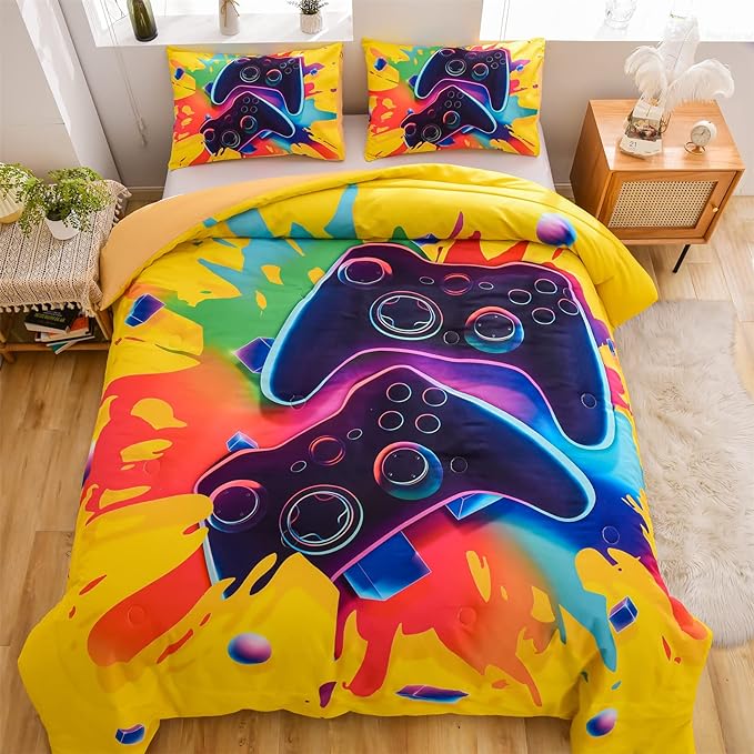 Aimuan Gamer Gaming Bedding Sets 3D Gamepad Comforter Sets for Boys Games Console Action Buttons Novelty Colorful Game Controller Modern Room Decor Home Quilt Set (Queen, Yellow) - LeafyLoom