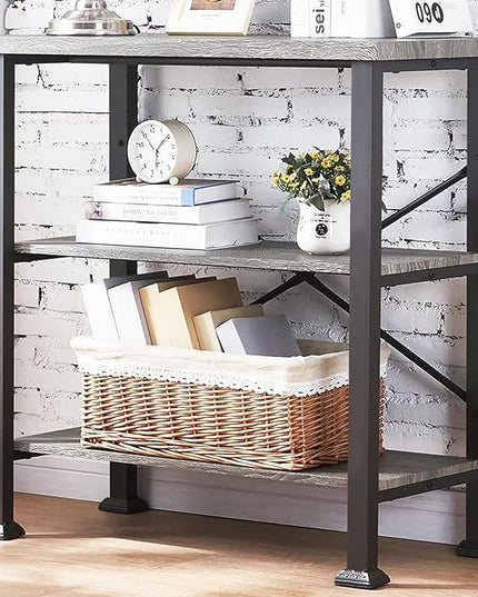 HOMBAZAAR Bookshelf, 3-Tier Vintage Industrial Book Shelf, Rustic Wood and Metal Bookcase and Bookshelves, Free Standing Storage Small Bookshelf for Living Room, Bedroom and Kitchen, Grey Oak - LeafyLoom