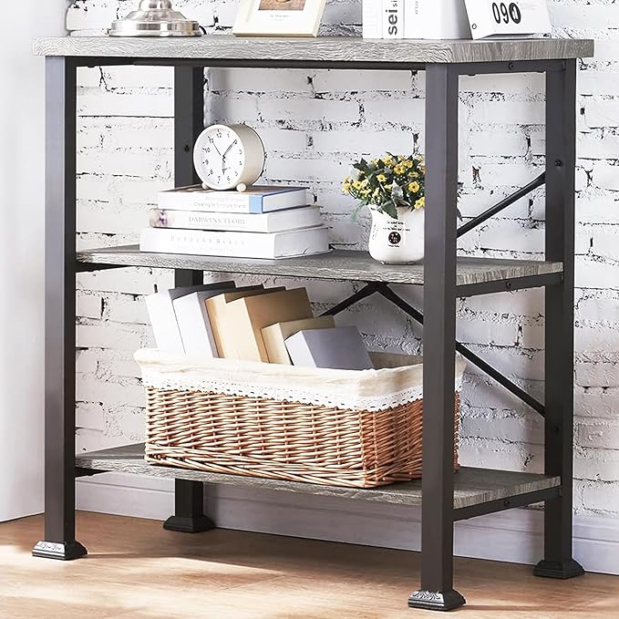 HOMBAZAAR Bookshelf, 3-Tier Vintage Industrial Book Shelf, Rustic Wood and Metal Bookcase and Bookshelves, Free Standing Storage Small Bookshelf for Living Room, Bedroom and Kitchen, Grey Oak - LeafyLoom