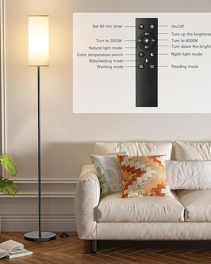 Ambimall 66'' Floor Lamps for Living Room with Remote Control and Stepless Dimmable Colors Temperature & Brightness, 9W Bulb Included(White Lampshade & Black Pole) - LeafyLoom