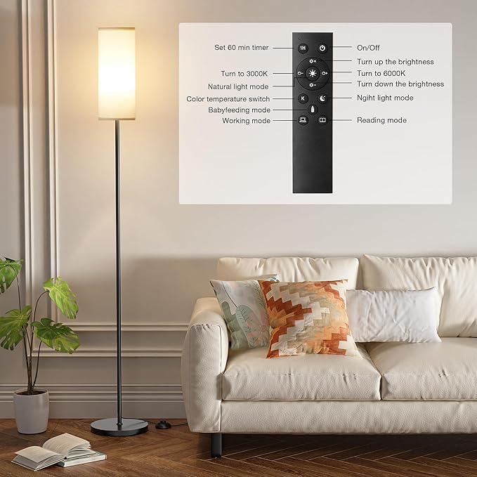 Ambimall 66'' Floor Lamps for Living Room with Remote Control and Stepless Dimmable Colors Temperature & Brightness, 9W Bulb Included(White Lampshade & Black Pole) - LeafyLoom