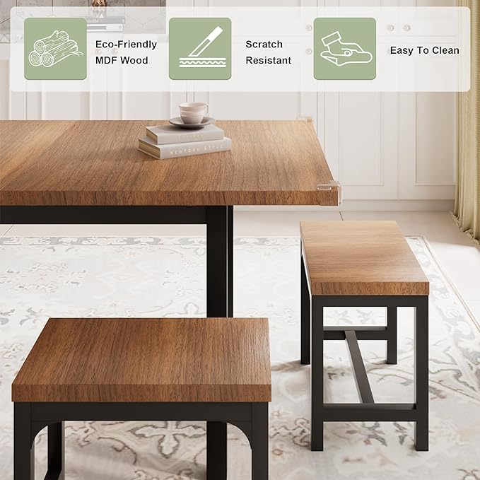 Feonase 7-Piece Dining Table Set with 6 Stools, 63" Large Extendable Kitchen Table Set for 4-8, Mid-Century Dining Room Table with Heavy-Duty Frame, Easy Assembly, Walnut - LeafyLoom