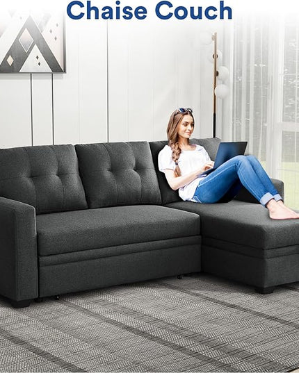 4-in-1 Convertible L Shaped Couch with Pull Out Bed and Storage Sectional Sleeper Sofa with Reversible Chaise for Living Room, Apartment, Bedroom, Office, Charcoal Grey - LeafyLoom