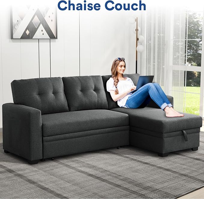 4-in-1 Convertible L Shaped Couch with Pull Out Bed and Storage Sectional Sleeper Sofa with Reversible Chaise for Living Room, Apartment, Bedroom, Office, Charcoal Grey - LeafyLoom