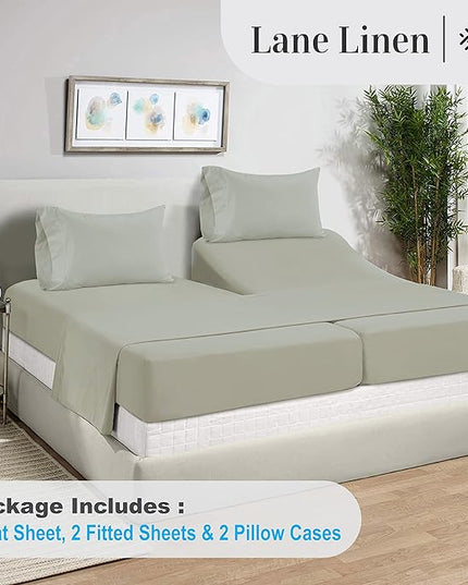 LANE LINEN Split King Sheets for Adjustable Beds - 1000 Thread Count 5 Piece Set 100% Egyptian Cotton Sateen Weave Cool Breathable & Soft 2 Fitted Fits Upto 17" Deep Pockets Mineral - LeafyLoom