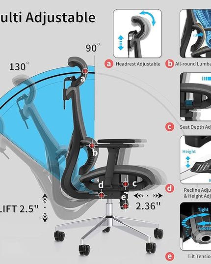 Ergonomic Office Chair with 3D Armrest, Big and Tall Computer Desk Chair with Adjustable Headrest, Seat Depth, Lumbar Support, Home Office Gaming Chair Dark Grey - LeafyLoom