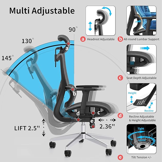 Ergonomic Office Chair with 3D Armrest, Big and Tall Computer Desk Chair with Adjustable Headrest, Seat Depth, Lumbar Support, Home Office Gaming Chair Dark Grey - LeafyLoom