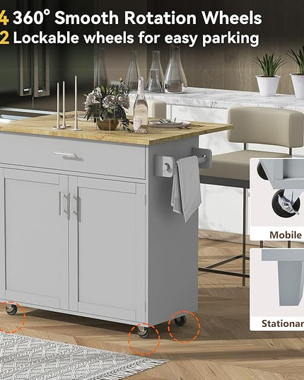 Island with Storage, Rolling Kitchen Cart on Wheels w/Drop Leaf, Internal Cabinet, Adjustable Shelf Towel Rack and Rubber Wood Countertop, for Dining Room, Home, Grey, 39 Inch - LeafyLoom