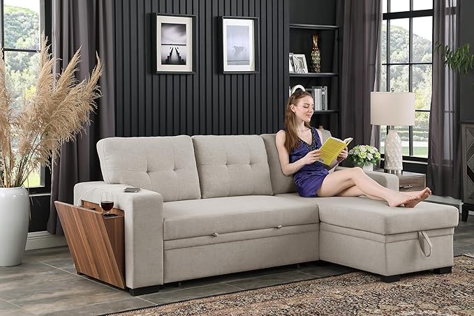 92" L-Shape Sectional Sofa with Storage Chaise Pull-out bed, Linen Tufted Upholstery Corner Couch W/Side Open Cup Holder for Living Room, Apartment,Office,Home Furniture Sets,Light Gray - LeafyLoom