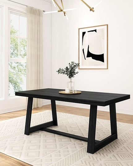 Plank+Beam 72 Inch Farmhouse Dining Table, Solid Wood Rustic Kitchen Table, Large Wooden Rectangular Dinner Table for Dining Room, Home Office, Living Room Furniture, Easy Assembly, Black Wirebrush - LeafyLoom
