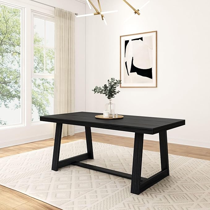 Plank+Beam 72 Inch Farmhouse Dining Table, Solid Wood Rustic Kitchen Table, Large Wooden Rectangular Dinner Table for Dining Room, Home Office, Living Room Furniture, Easy Assembly, Black Wirebrush - LeafyLoom