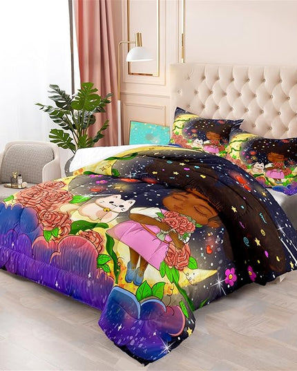 Black Girl Comforter Set - 3 Piece Black Girls Twin Comforter Set for Girls, All-Season Breathable Black Girl Bedding Set for Girls Bedroom Decor with,Queen Size, 1 Comforter + 2 Pillowcases - LeafyLoom