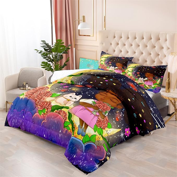 Black Girl Comforter Set - 3 Piece Black Girls Twin Comforter Set for Girls, All-Season Breathable Black Girl Bedding Set for Girls Bedroom Decor with,Queen Size, 1 Comforter + 2 Pillowcases - LeafyLoom