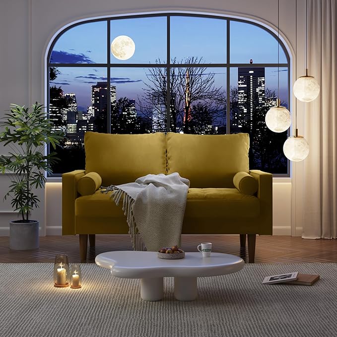 Velvet Furniture for Small Spaces, Mid-Century Modern Loveseats for Living Room, Love Seat Couch Sofas, 58 Inches, Goldenrod - LeafyLoom