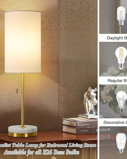 Luvkczc Minimalist Table Lamp Set of 2, Nightstand Lamp for Bedroom Living Room, Modern Pull Chain Bedside Lamp with Marble Base, Fabric Shade, Small Desk Lamp for Home, Office, Reading,Gold - LeafyLoom