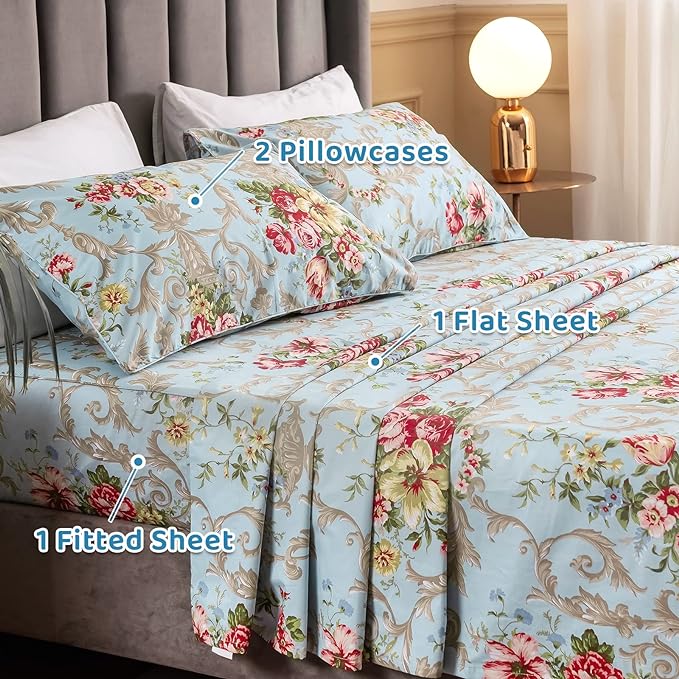 QSH Floral Queen Size Sheet Sets - Luxury Peony Flower Print Pattern Egyptian Cotton Printed Bedding Sheets Queen Size Bed Extra Soft and Breathable 4pcs Deep Pockets Bed Sheets - LeafyLoom