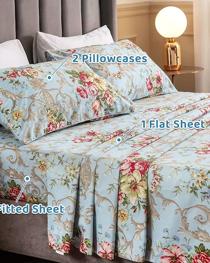 QSH Floral King Size Sheet Sets - Luxury Peony Flower Print Pattern Egyptian Cotton Printed Bedding Sheets 4pcs Extra Soft and Breathable 17.5" Extra Deep Pocket King Size Sheets - LeafyLoom