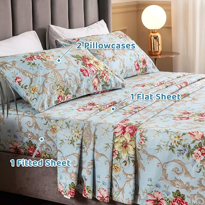 QSH Floral King Size Sheet Sets - Luxury Peony Flower Print Pattern Egyptian Cotton Printed Bedding Sheets 4pcs Extra Soft and Breathable 17.5" Extra Deep Pocket King Size Sheets - LeafyLoom