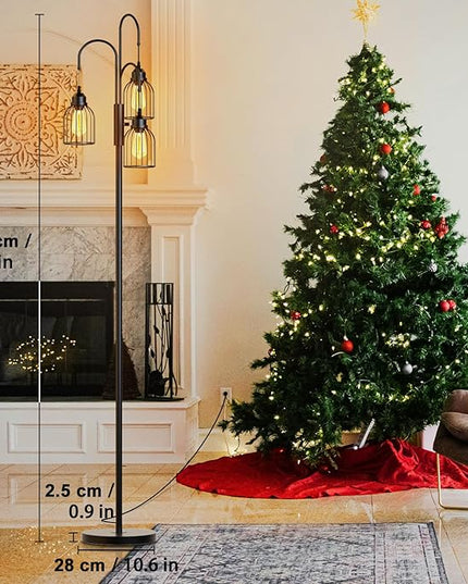 74.8" Dimmable Floor Lamp, Industrial Floor Lamp for Living Room, Farmhouse Standing Tree Lamp with 3 LED Edison Bulbs, Bright Black Vintage Pole Lamp with Cage Shade for Bedroom Home Decoration - LeafyLoom