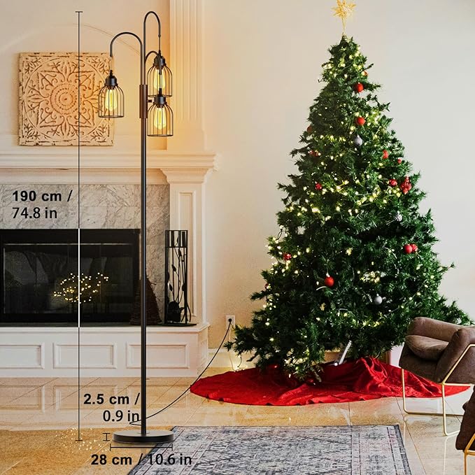 74.8" Dimmable Floor Lamp, Industrial Floor Lamp for Living Room, Farmhouse Standing Tree Lamp with 3 LED Edison Bulbs, Bright Black Vintage Pole Lamp with Cage Shade for Bedroom Home Decoration - LeafyLoom