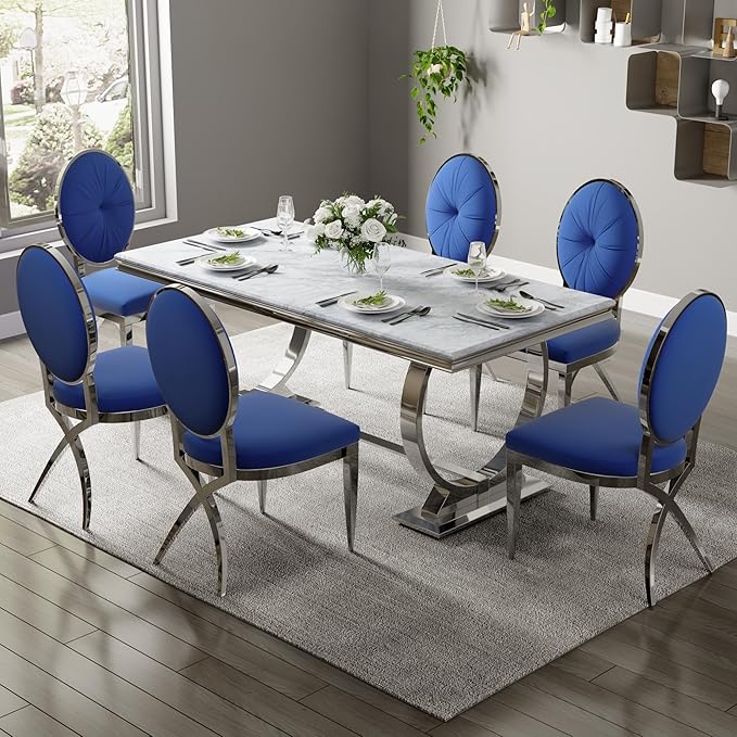 ACEDÉCOR Blue and Silver Dining Chairs, Classic King Louis Upholstered Dining Room Chair with Silver X Shaped Legs, Modern Armless Chair Set of 8 - LeafyLoom