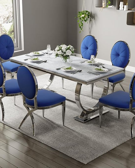 ACEDÉCOR Blue Dining Room Chairs, Blue Velvet Dining Chair with Mirrored Silver X-Shaped Stainless Steel Legs, Mid Century Modern Upholstered Dining Chairs for Dining Room, Kitchen, Living Room - LeafyLoom