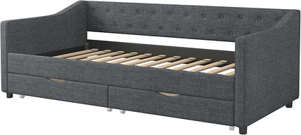 Twin Size Daybed with 2 Drawers, Upholstered Tufted Sofa Bed with Button on Back and Piping on Waved Shape Arms for Bedroom, Apartment, Living Room, Wooden Slats Support, Dark Grey - LeafyLoom