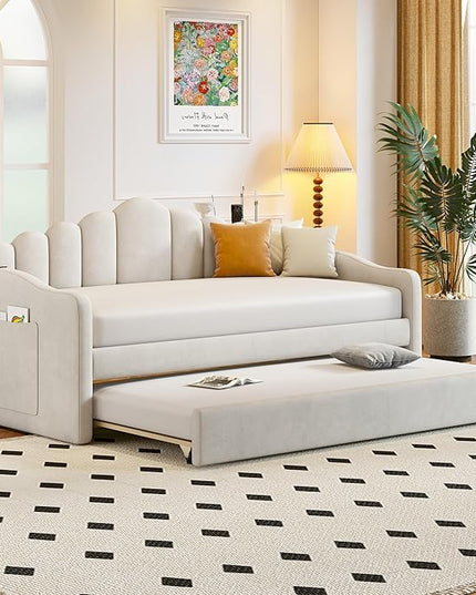 Twin Size Upholstered Daybed with Trundle and Striped Headboard, Velvet Sofa Bed w/USB Charging Ports & Side Pockets, for Bedroom Living Room, No Box-spring Needed, Beige - LeafyLoom