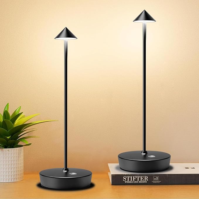Set of 2 Rechargeable Cordless Table Lamp,6000mAh LED Battery Operated Desk Lamp Touch 3 Color Dimming Portable Outdoor Waterproof Table Light for Patio/Restaurant/Dining/Home (Black) - LeafyLoom