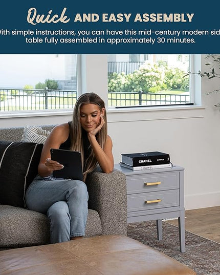 2 Drawer Side Table with Charging Station - Mid Century Modern with Polished Gold Handles, 2 USB Ports & 2 Outlets - Multifunctional Smart Bedside Table Nightstand for Your Home - 24" Tall (Gray) - LeafyLoom