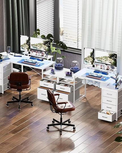 Unikito 70.8" Reversible L Shaped Computer Desk with Fabric File Drawers, Corner Desk with RGB LED Lights & Power Outlets & Monitor Stand, Large Gaming Desk for Home Office Workstation, White - LeafyLoom