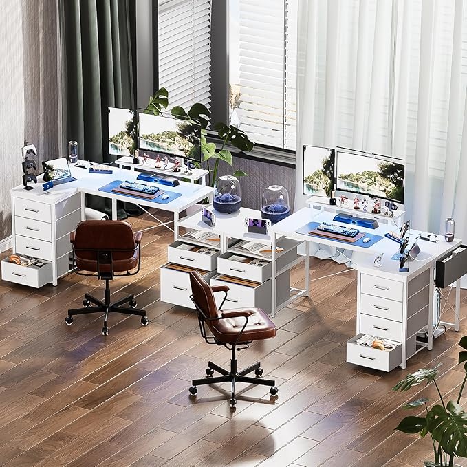 Unikito 70.8" Reversible L Shaped Computer Desk with Fabric File Drawers, Corner Desk with RGB LED Lights & Power Outlets & Monitor Stand, Large Gaming Desk for Home Office Workstation, White - LeafyLoom