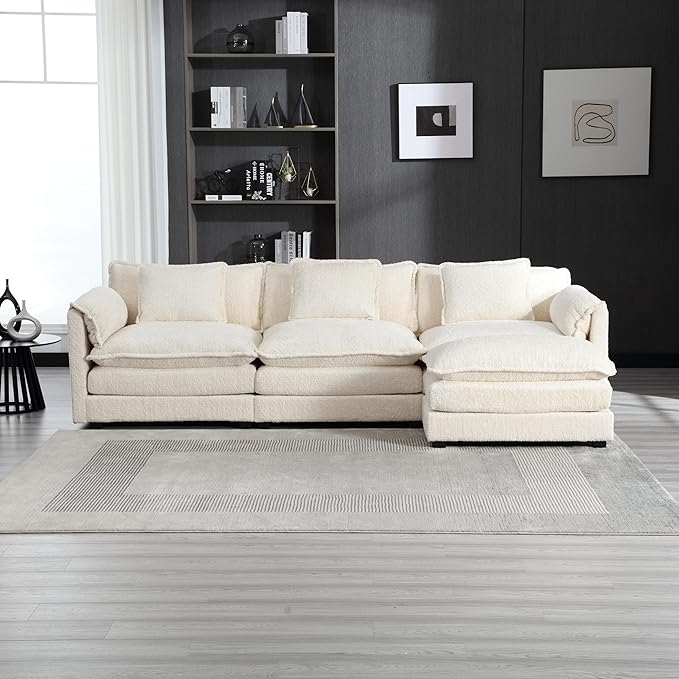 5 Seater L Shaped Convertible Modular Sectional Sofa with Reversible Chaise, Minimalist Oversized Sleeper Corner Couch,Chenille Upholstered Leisure Sofá for Living Room Office, Beige 112.2" - LeafyLoom