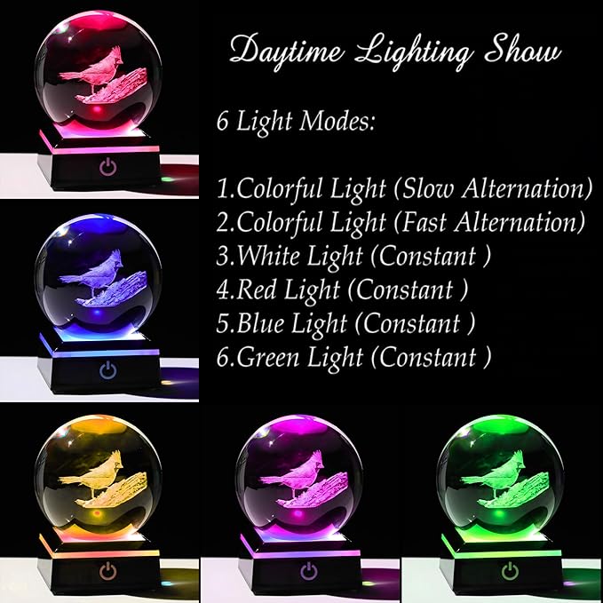 Qianwei Cardinal Gifts for Women Men Crystal Ball - 3D Laser Cardinal Decor Glass Animals Red Bird Figurines Statue Stuff for Room Decorations Cardinal Night Light - LeafyLoom
