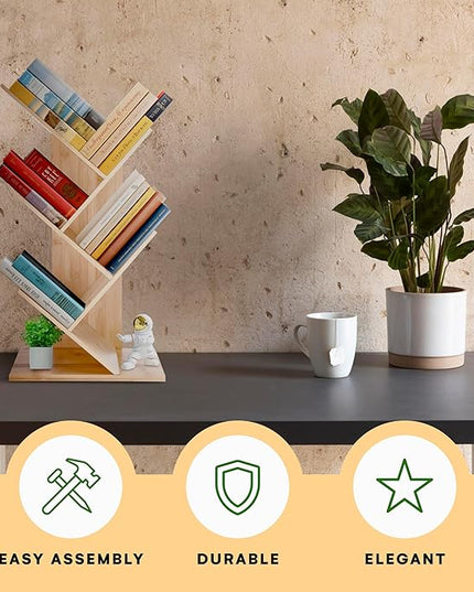 Prosumers Choice Wooden Bookshelf Storage Rack 25.4 x13.8 x 6.3in - 4Tier Bamboo Shelf to Maximize Vertical Space - Cool Tree Bookshelf - Unique Bookshelves - Vinyl organizer, Plants, and Decorations - LeafyLoom