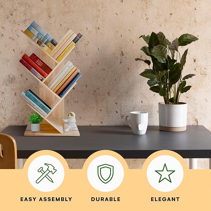 Prosumers Choice Wooden Bookshelf Storage Rack 25.4 x13.8 x 6.3in - 4Tier Bamboo Shelf to Maximize Vertical Space - Cool Tree Bookshelf - Unique Bookshelves - Vinyl organizer, Plants, and Decorations - LeafyLoom