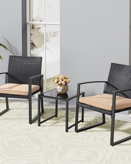 Shintenchi 3 Pieces Outdoor Patio Furniture Set, Modern Wicker Bistro Set, Conversation Rattan Chair of 2 with Coffee Table for Yard Porch Poolside Lawn(Khaki) - LeafyLoom