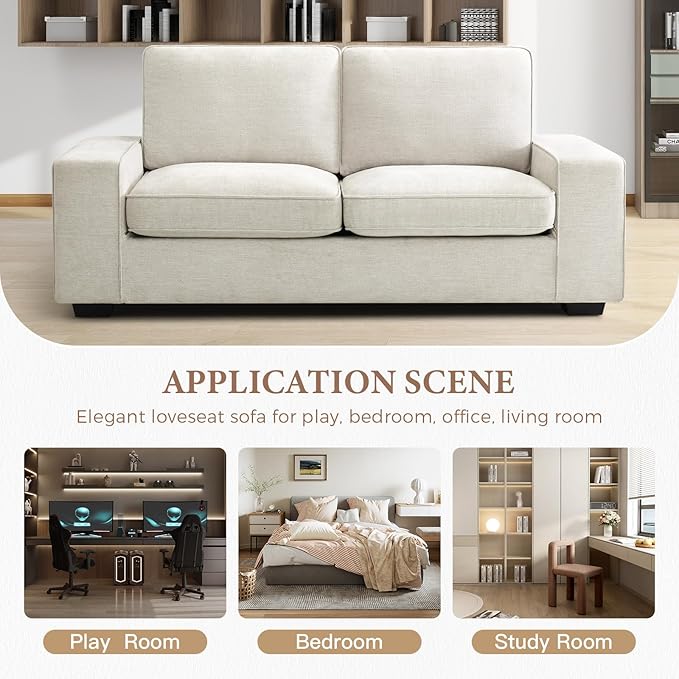 EASELAND 71" Loveseat, Small Chenille Loveseat for Small Spaces, 2-Seater Modern Deep Seat Couch with Removable Back and Cushions, Lounge Sofa for Bedroom with Wood Legs and Fluffy Armrest (Beige) - LeafyLoom