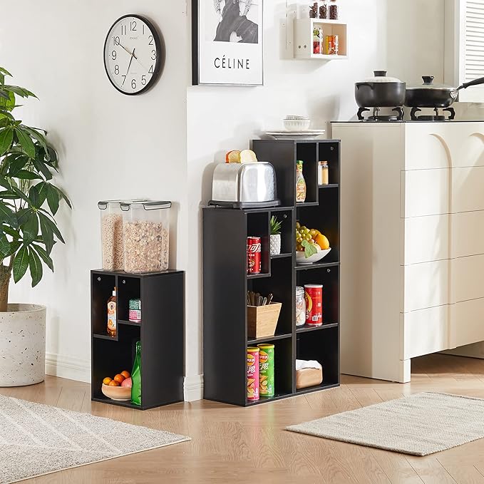 VECELO 3-Tier Small Bookcase, 4 Cube Bookshelf with Height Difference Shelves for Most Books, Modern Floor Standing Unit, Each Shelf Hold Up to 66 LBS for Living Room Bedroom, Vintage Black - LeafyLoom