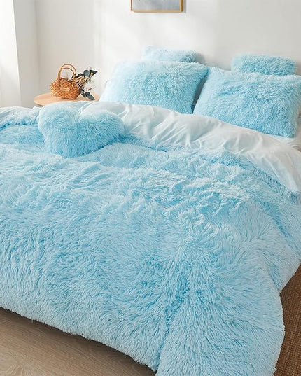 Fluffy Blue Comforter Cover Set Queen - Ultra Soft Plush Blue Bedding Sets 3 Pieces (1 Faux Fur Duvet Cover + 2 Faux Fur Pillow case) Blue Bed Set Queen (Blue, Queen) - LeafyLoom