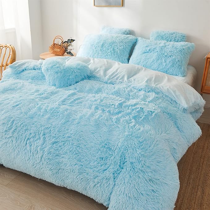 Fluffy Blue Comforter Cover Set Queen - Ultra Soft Plush Blue Bedding Sets 3 Pieces (1 Faux Fur Duvet Cover + 2 Faux Fur Pillow case) Blue Bed Set Queen (Blue, Queen) - LeafyLoom