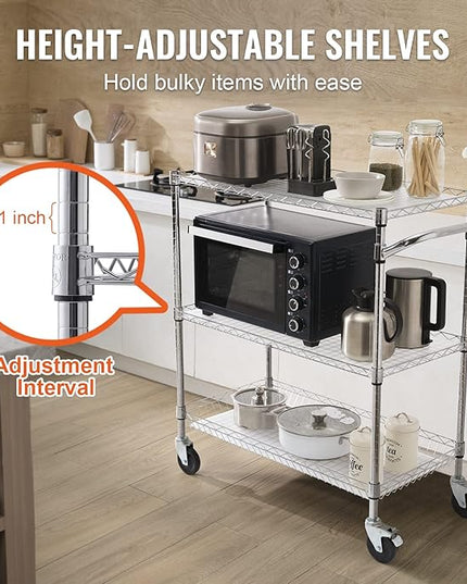 VEVOR Kitchen Utility Cart, 3 Tiers, Wire Rolling Cart with 661 LBS Capacity, Steel Service Cart on Wheels, Metal Storage Trolley with 80 mm Deep Basket Curved Handle PP Liner 6 Hooks, NSF Listed - LeafyLoom
