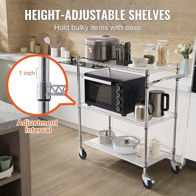 VEVOR Kitchen Utility Cart, 3 Tiers, Wire Rolling Cart with 661 LBS Capacity, Steel Service Cart on Wheels, Metal Storage Trolley with 80 mm Deep Basket Curved Handle PP Liner 6 Hooks, NSF Listed - LeafyLoom