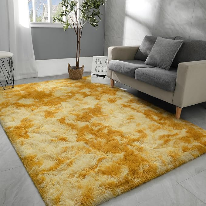 Large Area Rugs for Living Room, Super Soft Fluffy Modern Bedroom Rug, Tie-Dyed Orange Yellow Indoor Shag Fuzzy Carpets for Girls Kids Nursery Room Home Decor (A-Orange, 4x6 Feet) - LeafyLoom