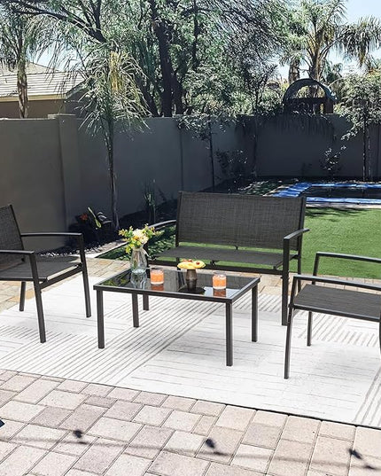 Greesum 4 Pieces Patio Furniture Set Outdoor Conversation Textilene Fabric Chairs for Lawn, Garden, Balcony, Poolside with A Glass Coffee Table, Black - LeafyLoom